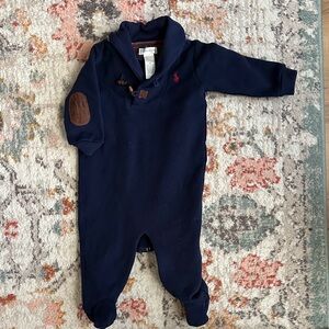 Ralph Lauren Navy Blue Footie with Brown Elbow Patch